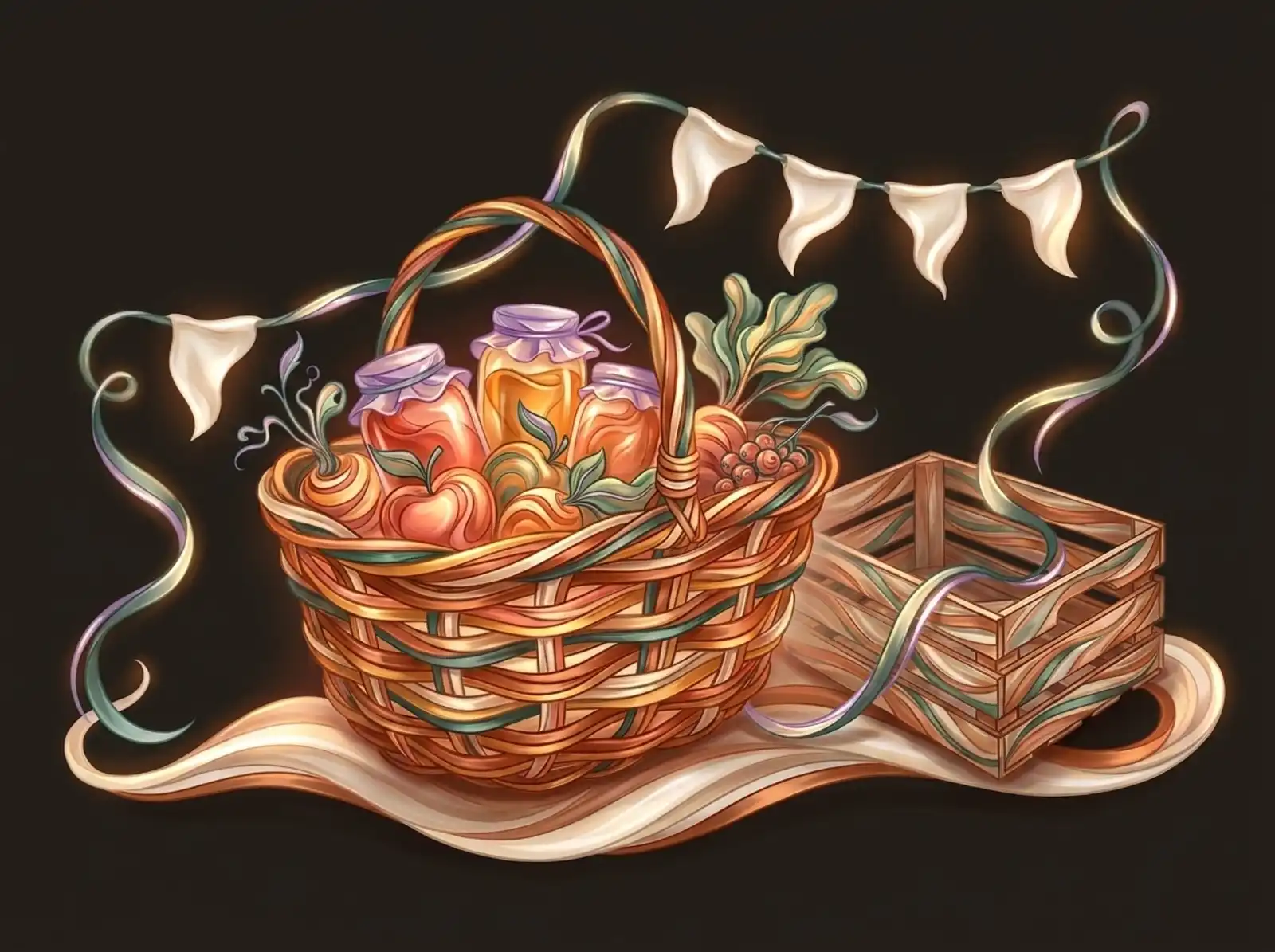 A farmers market scene sculpted from woven reeds: a stocked market basket, a wooden crate, and bunting