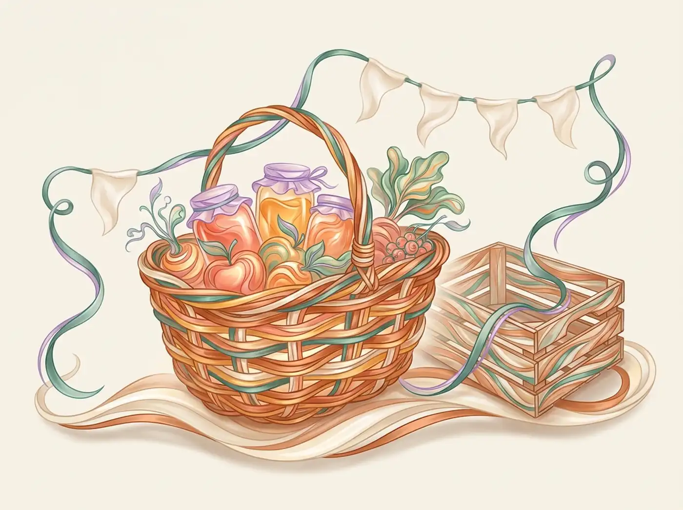 A farmers market scene sculpted from woven reeds: a stocked market basket, a wooden crate, and bunting