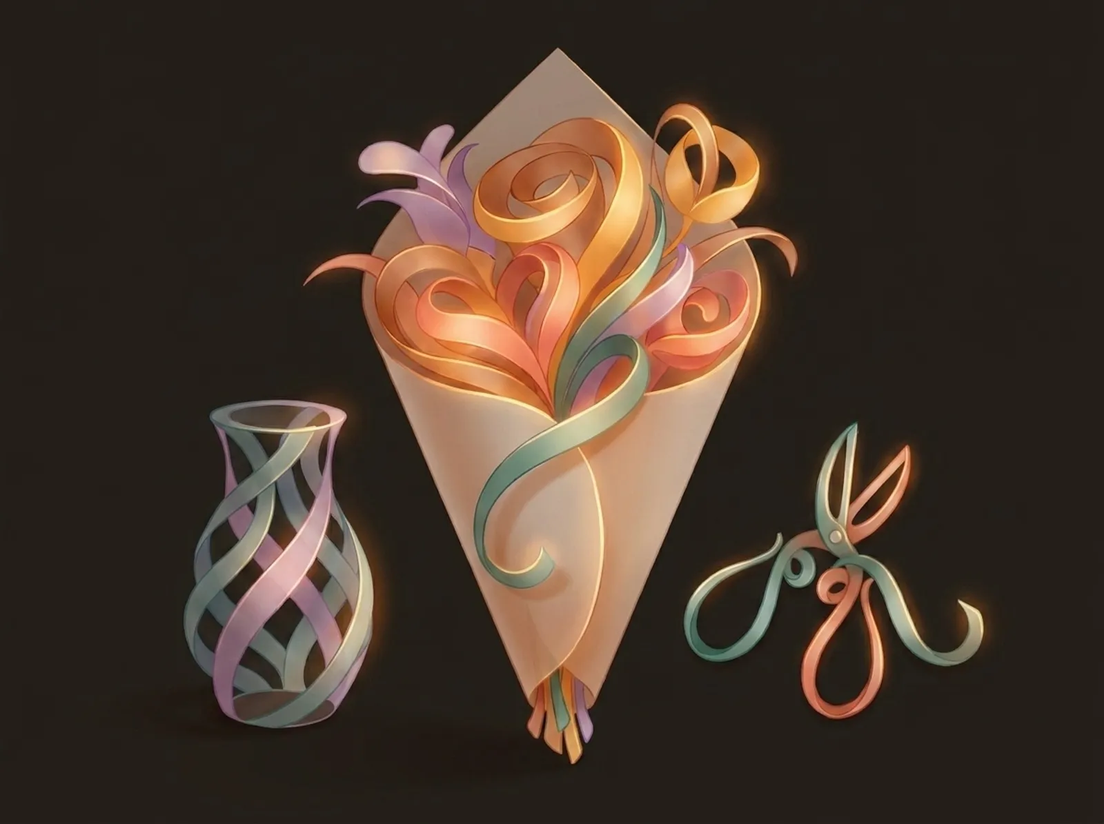 A florist scene sculpted from stems and petals: a wrapped bouquet, a vase, and snips