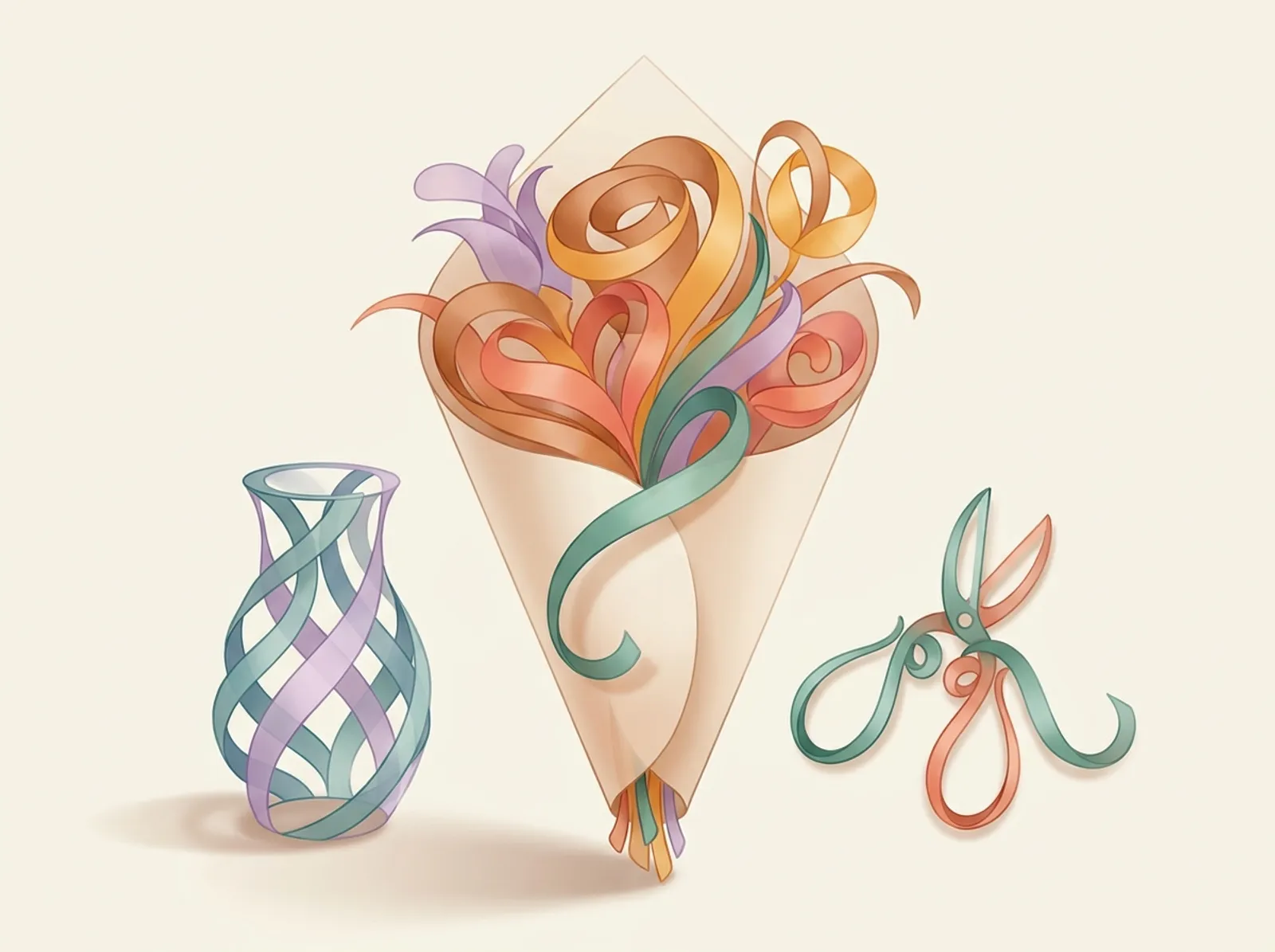 A florist scene sculpted from stems and petals: a wrapped bouquet, a vase, and snips