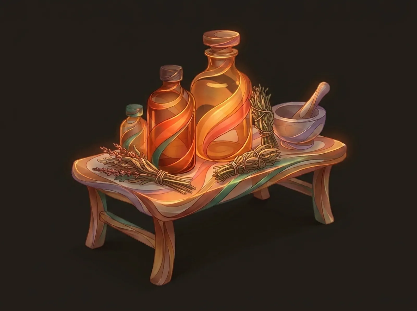 An herbalist bench sculpted from herbs and tincture: amber bottles, dried herb bundles, and a mortar