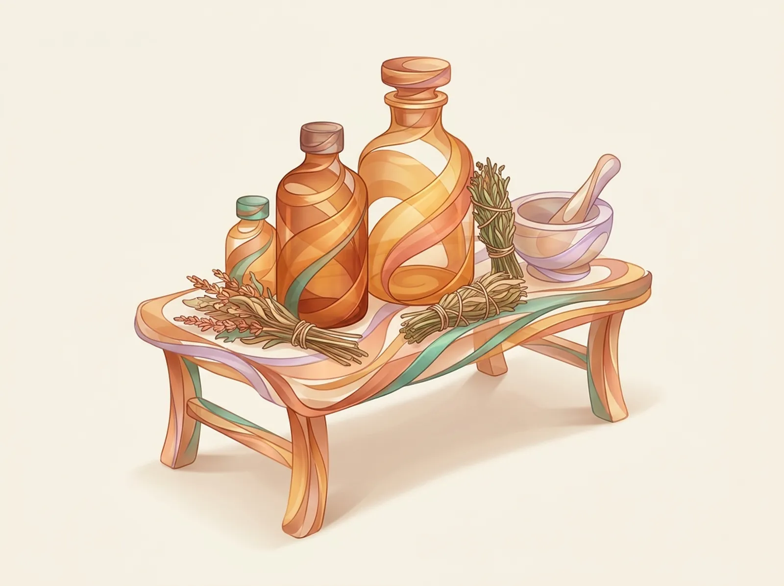 An herbalist bench sculpted from herbs and tincture: amber bottles, dried herb bundles, and a mortar