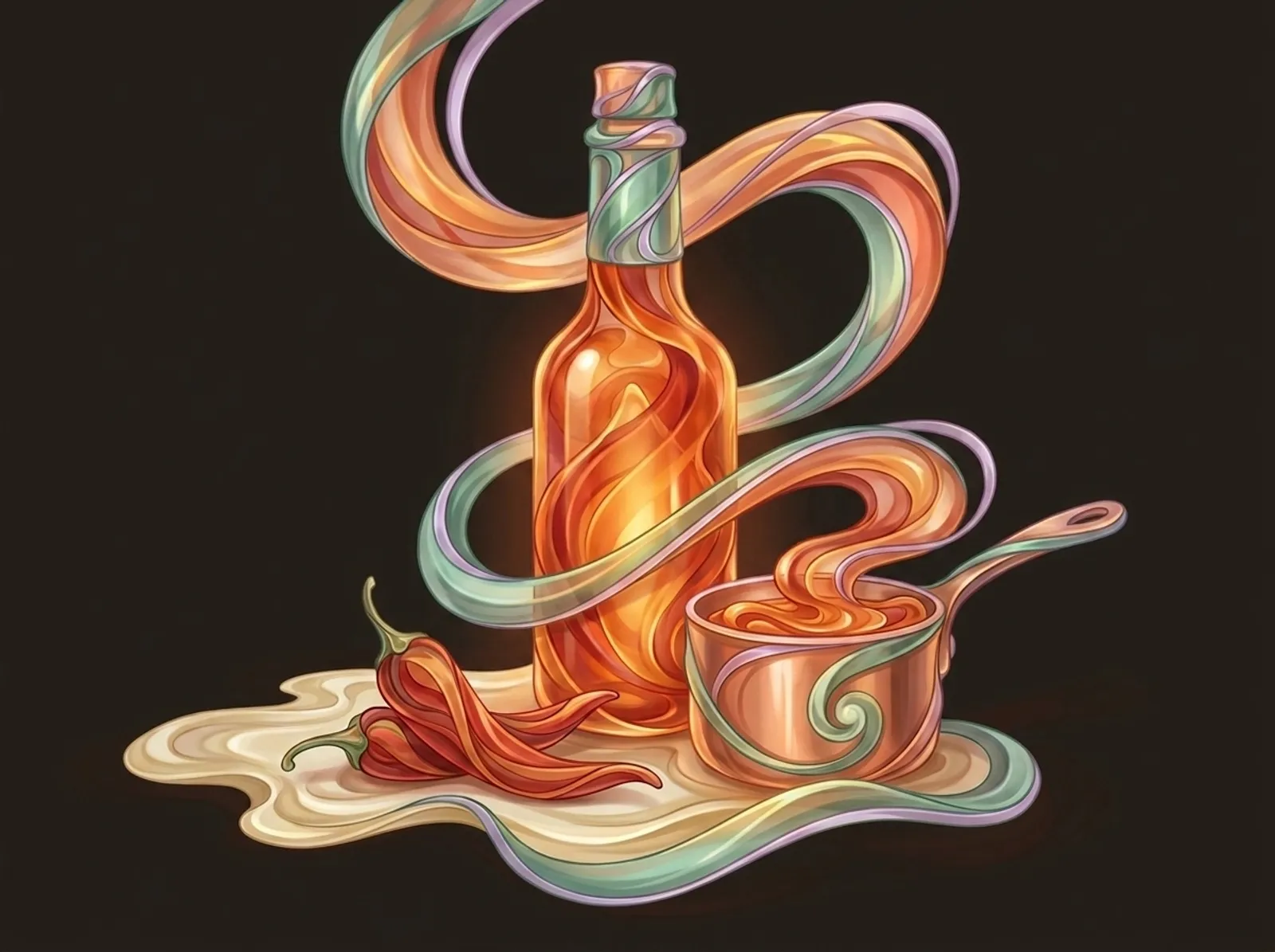 A hot sauce scene sculpted from flowing sauce: a filled bottle, fresh chilis, and a copper pot