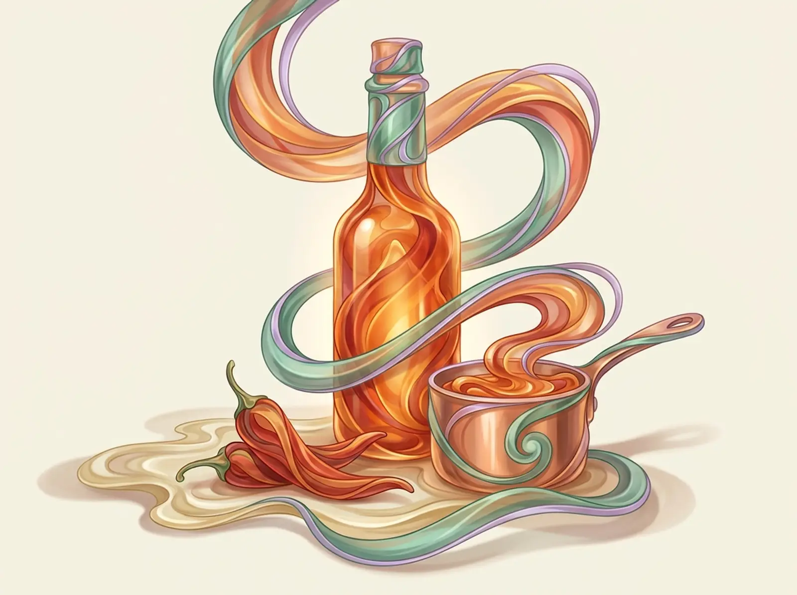 A hot sauce scene sculpted from flowing sauce: a filled bottle, fresh chilis, and a copper pot