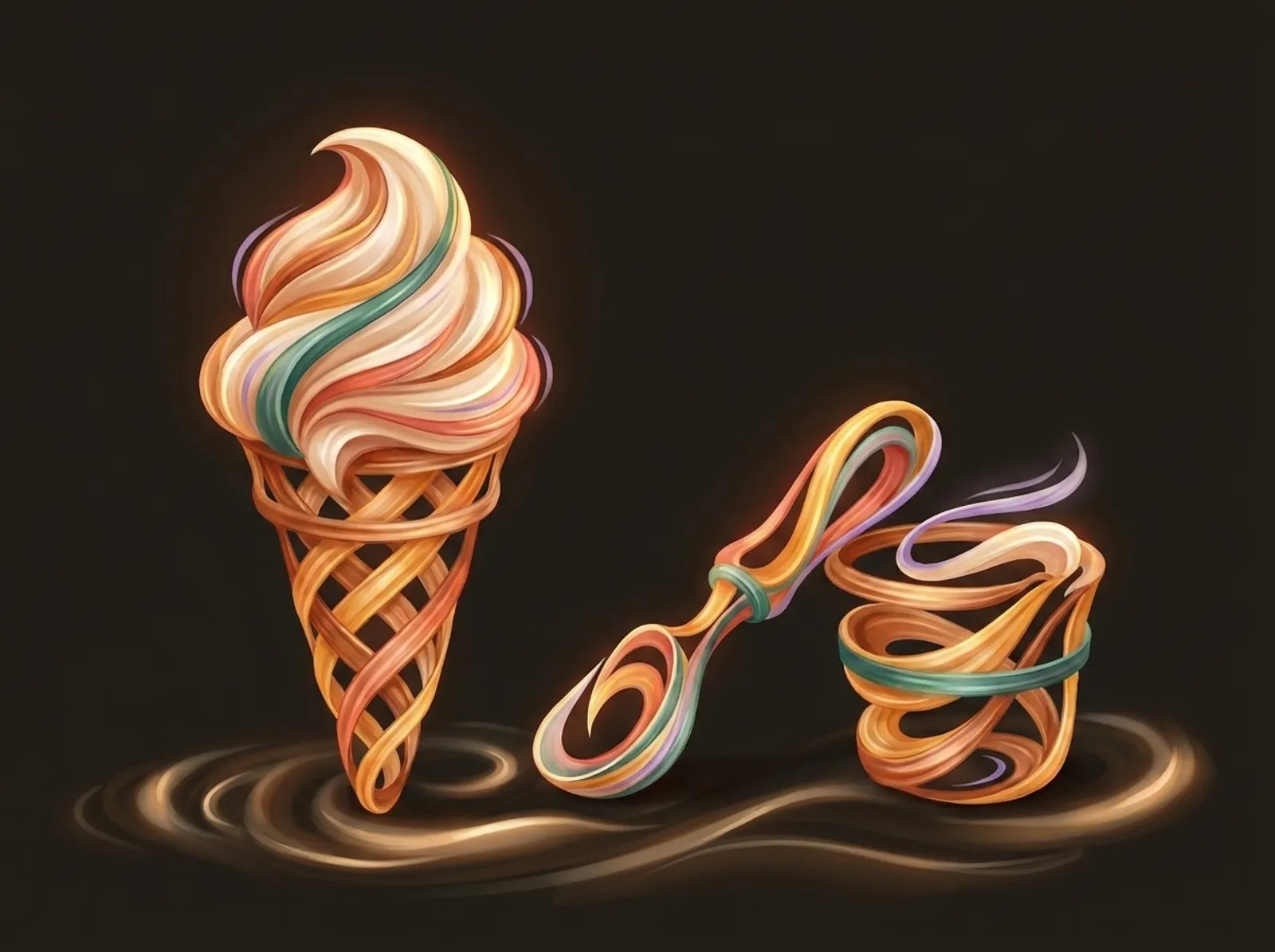 An ice cream scene sculpted from churned cream: a swirled cone, a scoop, and a churn tub