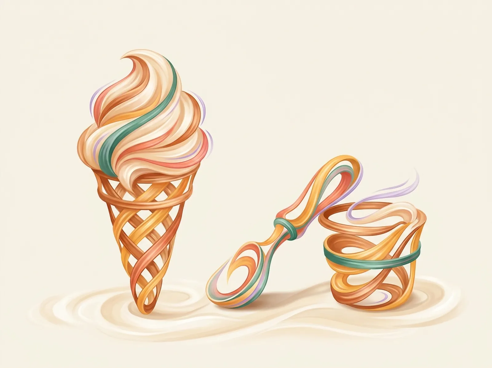 An ice cream scene sculpted from churned cream: a swirled cone, a scoop, and a churn tub
