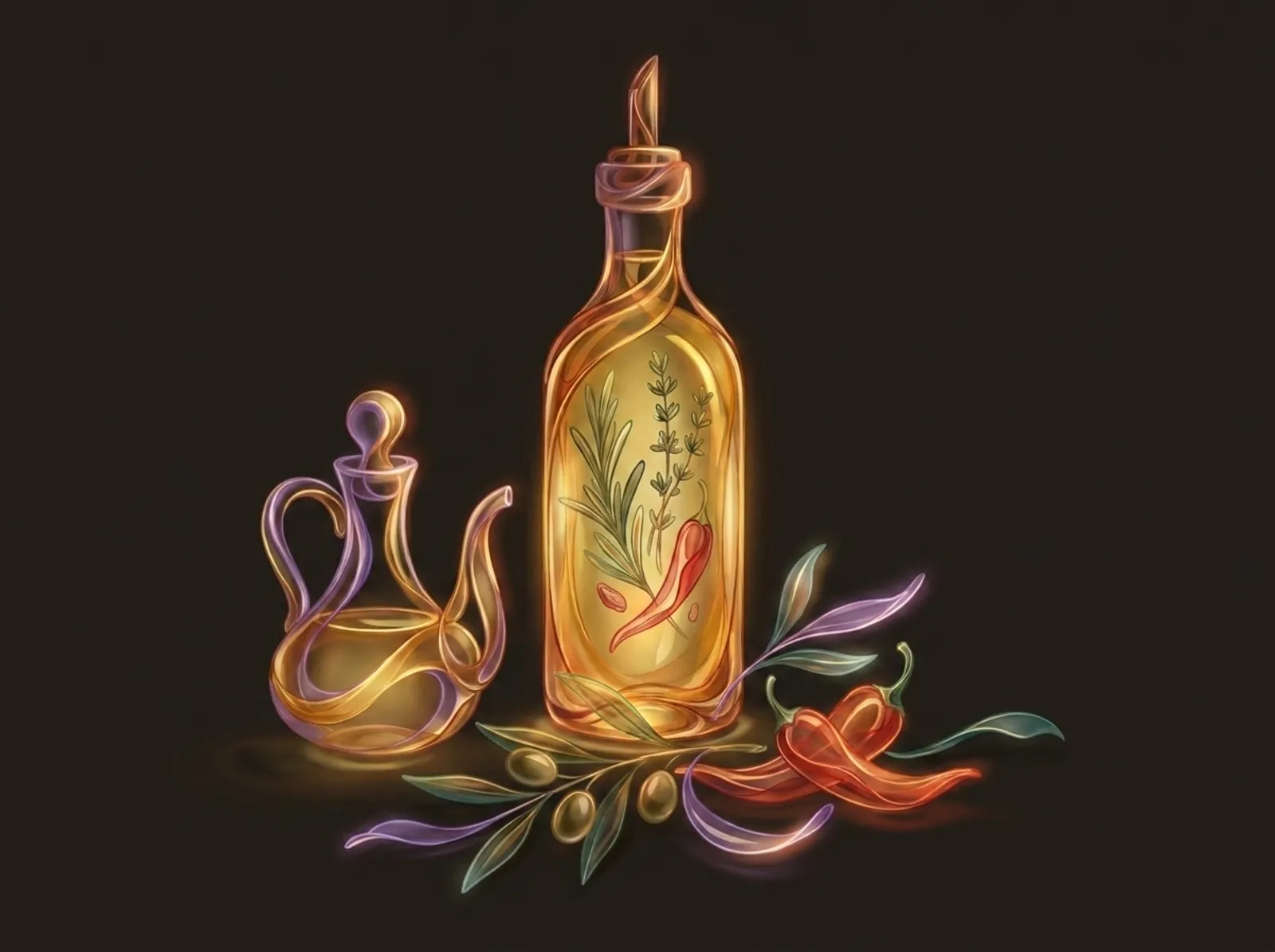An infusion scene sculpted from golden oil: an herb-filled bottle, a cruet, and olives with chilis