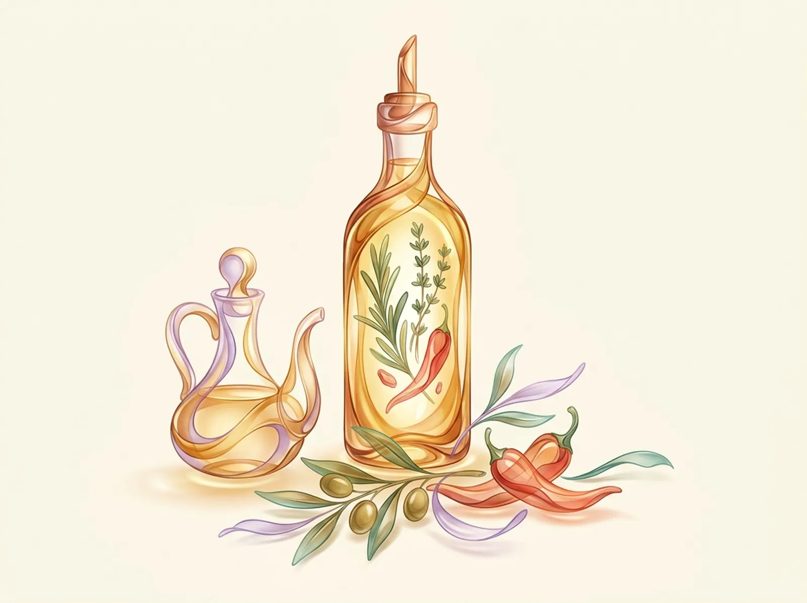 An infusion scene sculpted from golden oil: an herb-filled bottle, a cruet, and olives with chilis