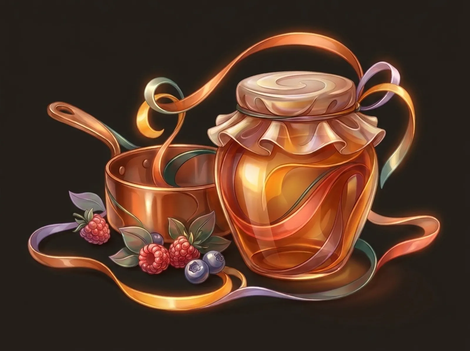 A jam-making scene sculpted from glossy preserves: a cloth-topped jam jar, a copper pan, and fresh berries