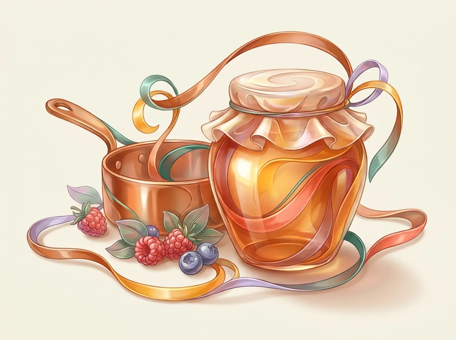 A jam-making scene sculpted from glossy preserves: a cloth-topped jam jar, a copper pan, and fresh berries