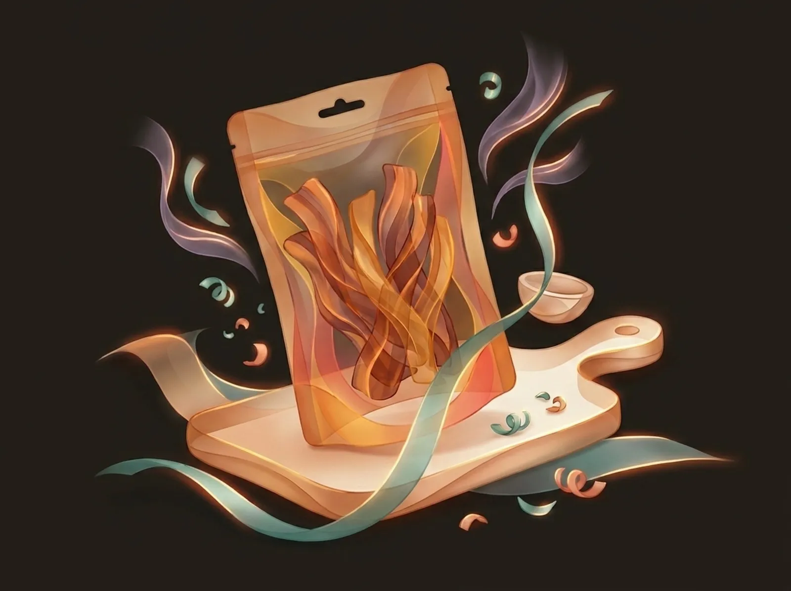 A jerky making scene sculpted from smoky ribbons: strips in a kraft pouch, pepper flakes, and smoke wisps