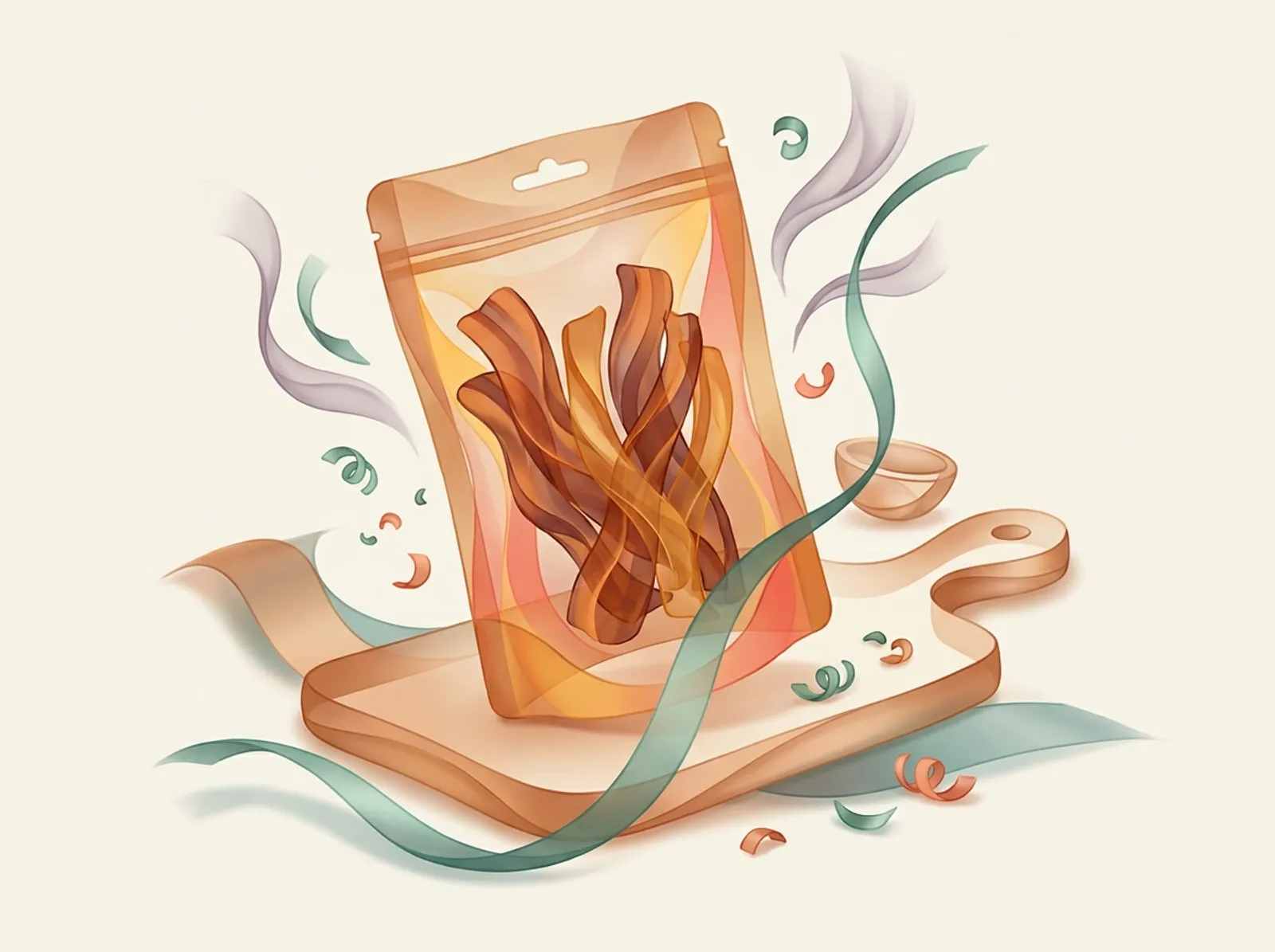 A jerky making scene sculpted from smoky ribbons: strips in a kraft pouch, pepper flakes, and smoke wisps