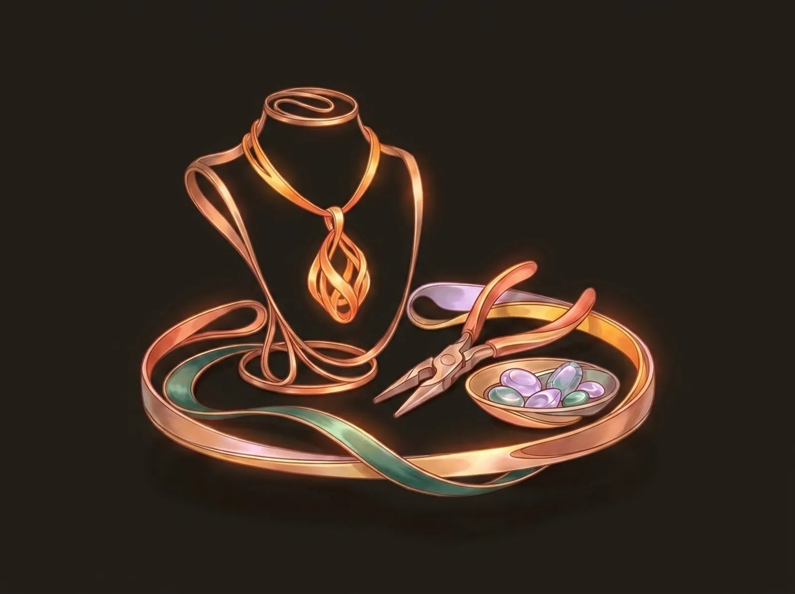 A jewelry bench sculpted from drawn metal: a pendant on its stand, jeweler's pliers, and a dish of gemstones