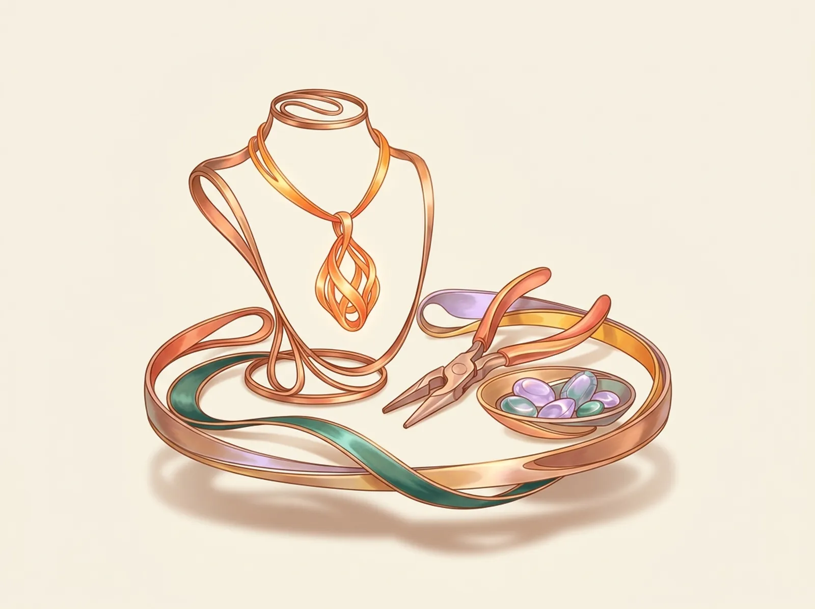 A jewelry bench sculpted from drawn metal: a pendant on its stand, jeweler's pliers, and a dish of gemstones