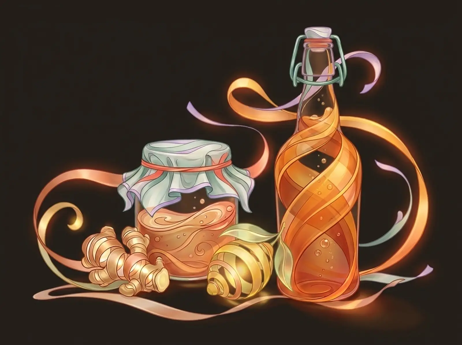 A kombucha scene sculpted from amber tea: a swing-top bottle, a cloth-covered brew jar, and ginger