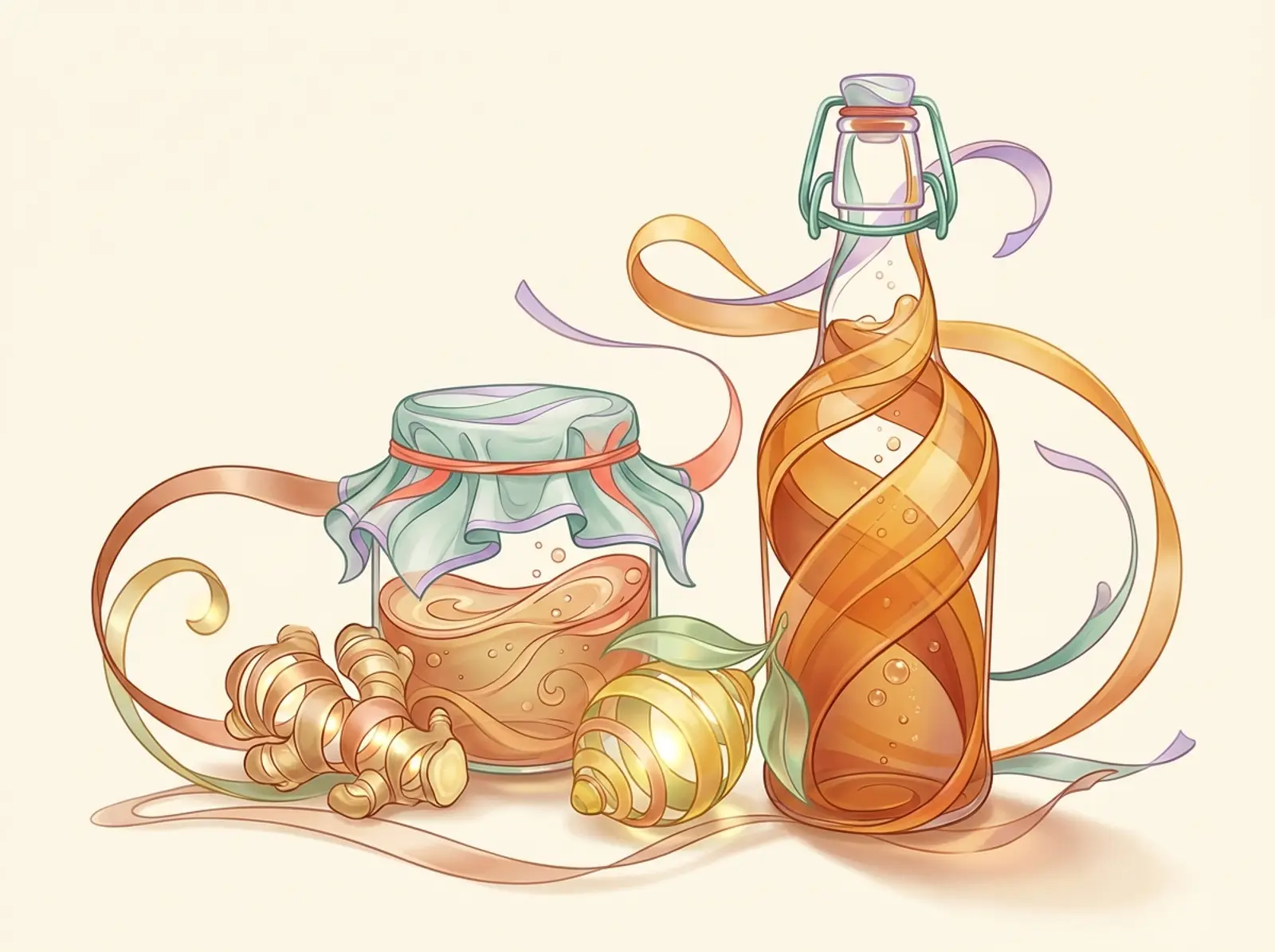 A kombucha scene sculpted from amber tea: a swing-top bottle, a cloth-covered brew jar, and ginger