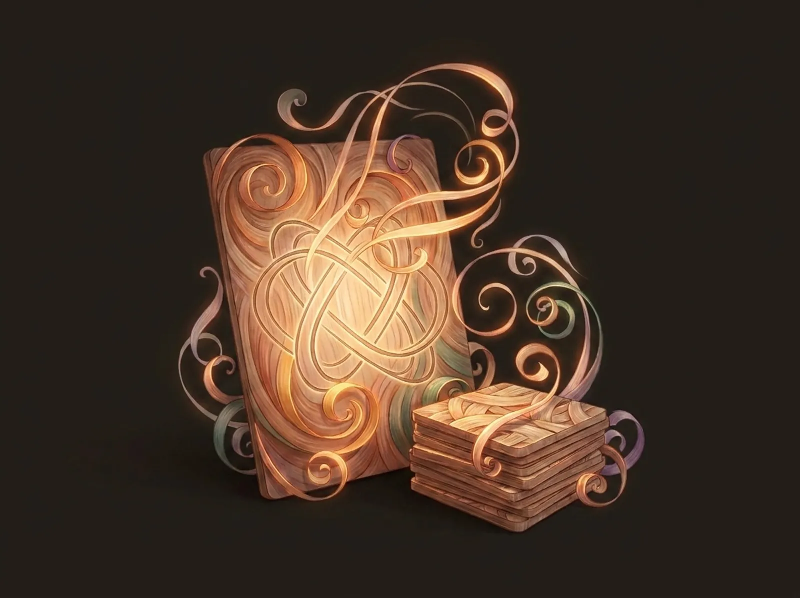 A laser engraving scene sculpted from fine shavings: an etched wooden plaque and a stack of coaster blanks