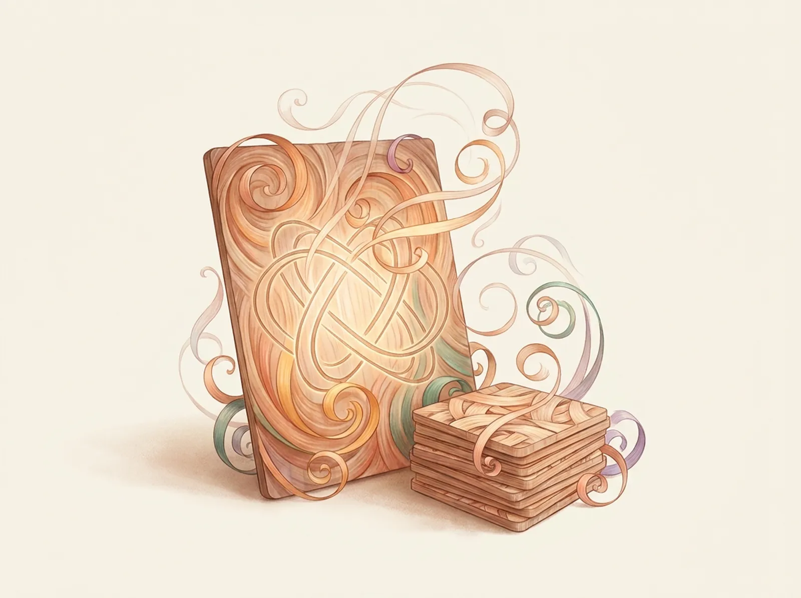 A laser engraving scene sculpted from fine shavings: an etched wooden plaque and a stack of coaster blanks