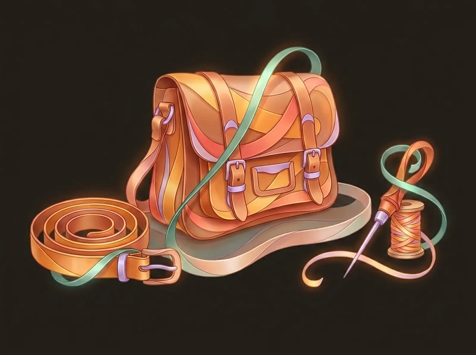 A leatherwork scene sculpted from flowing straps: a satchel, a coiled belt, and stitching tools