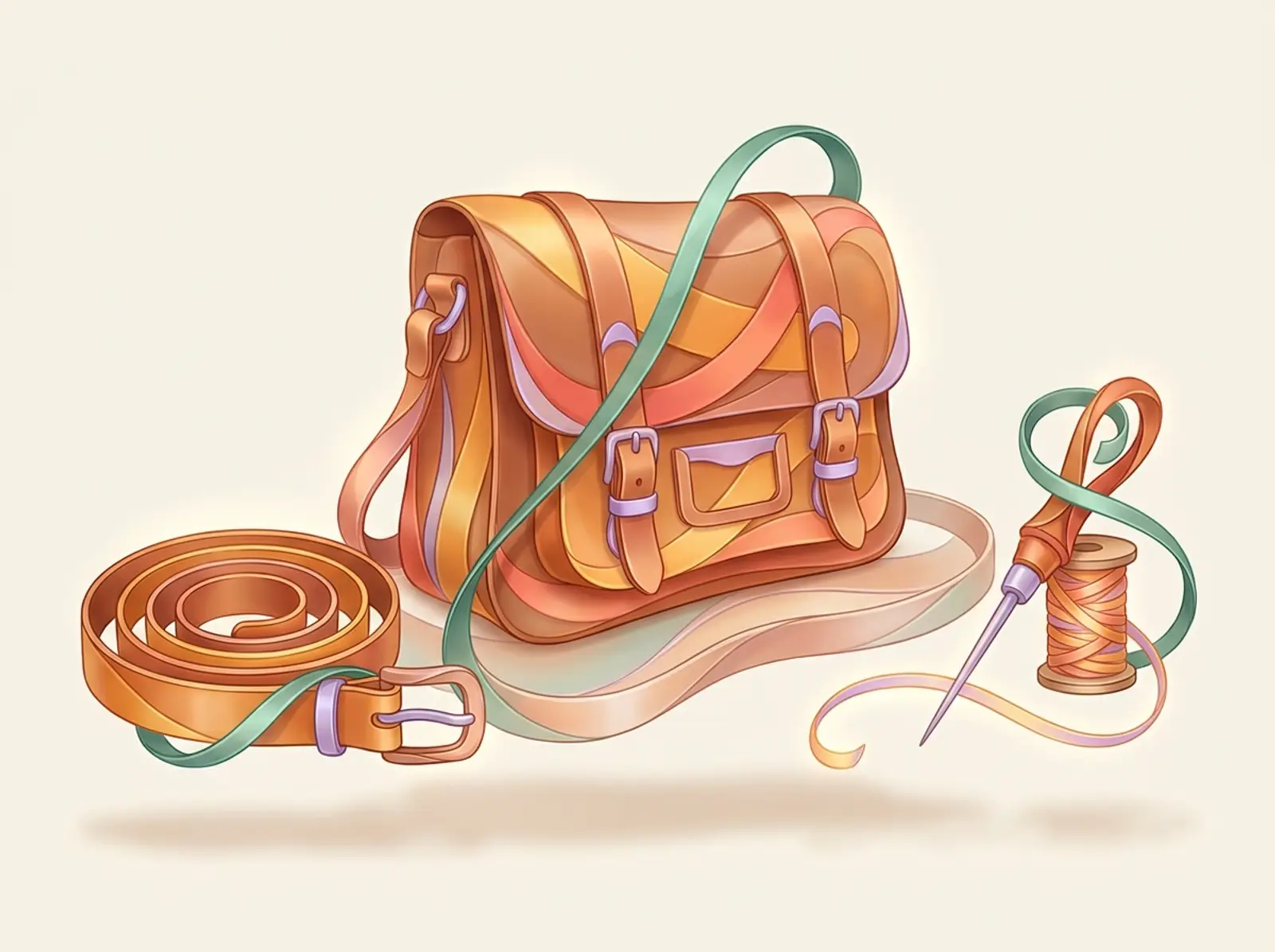 A leatherwork scene sculpted from flowing straps: a satchel, a coiled belt, and stitching tools