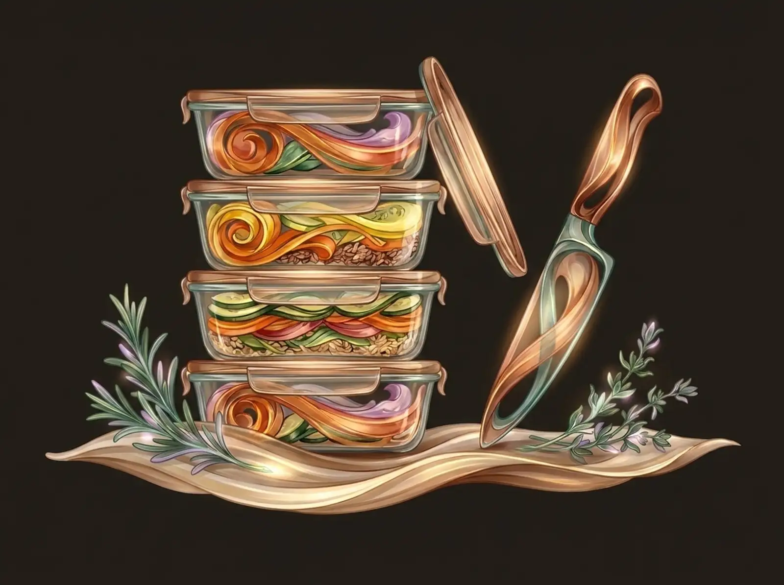 A meal prep scene sculpted from fresh ingredients: stacked glass containers, a chef knife, and herbs