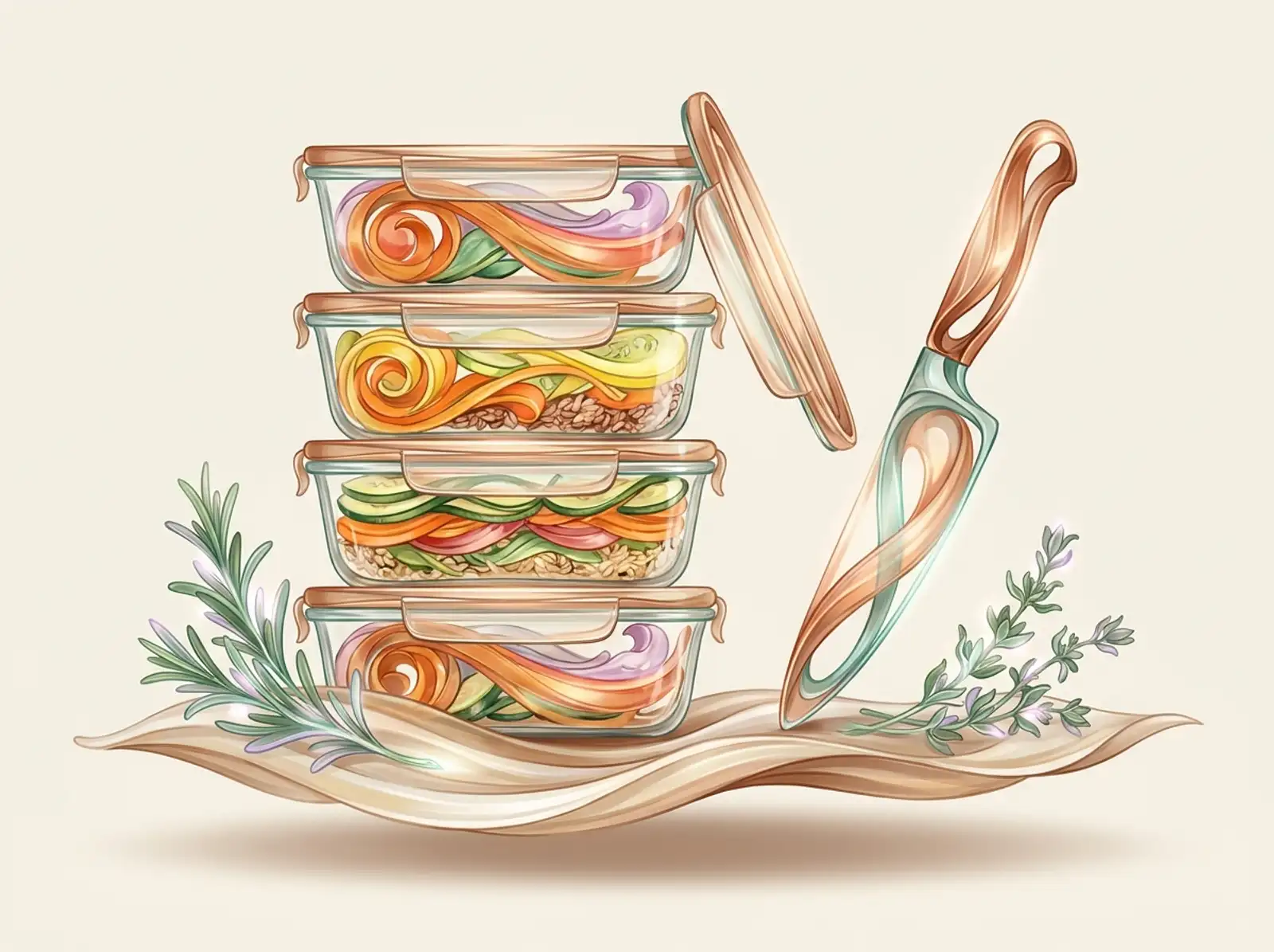 A meal prep scene sculpted from fresh ingredients: stacked glass containers, a chef knife, and herbs