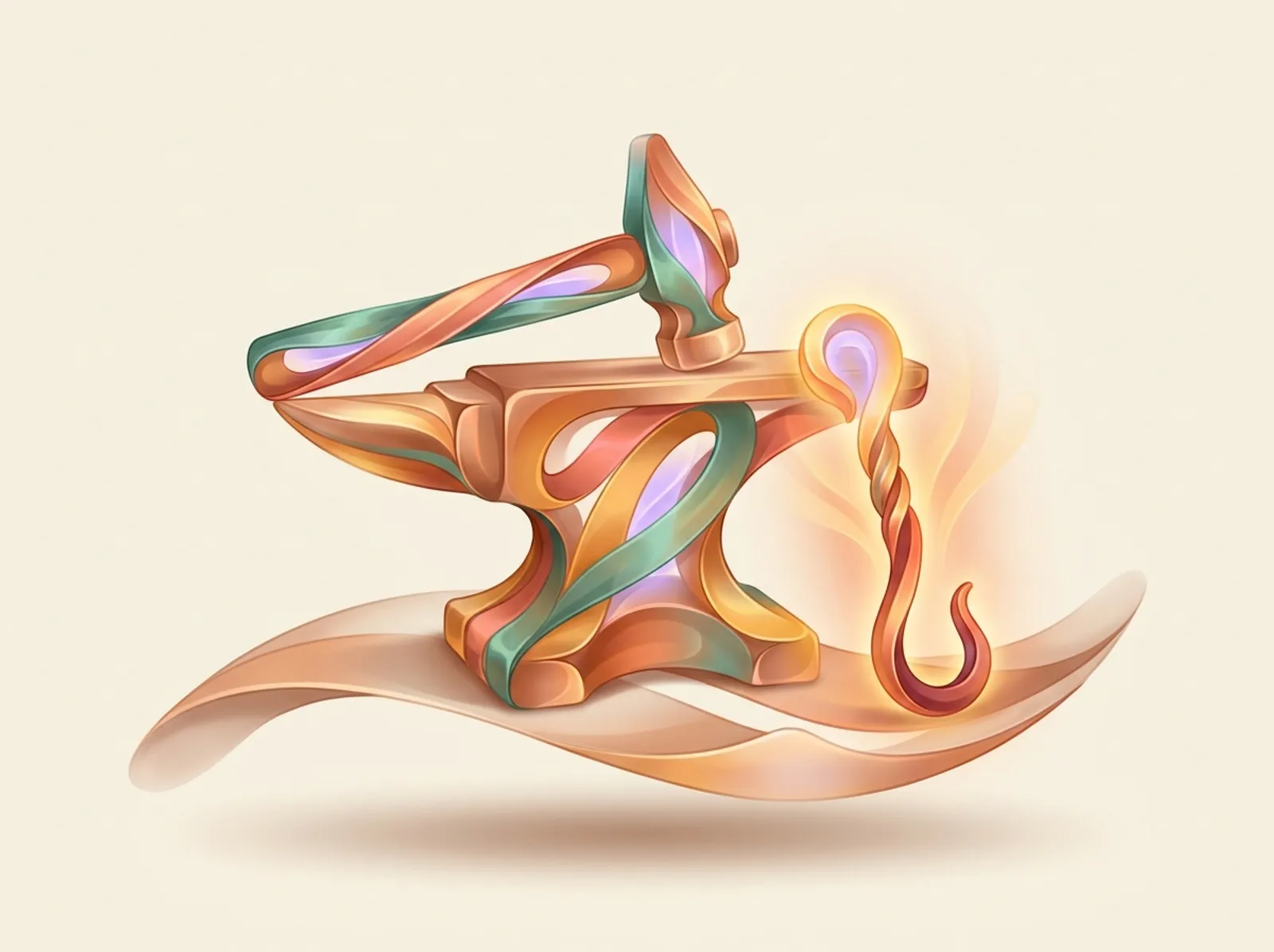 A metalworking scene sculpted from forged ribbons: an anvil, a hammer, and a glowing forged hook