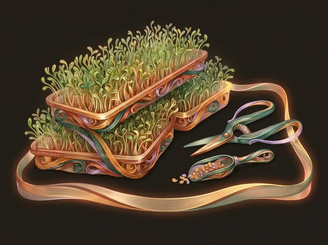 A microgreens scene sculpted from sprouting shoots: growing trays, snips, and a seed scoop