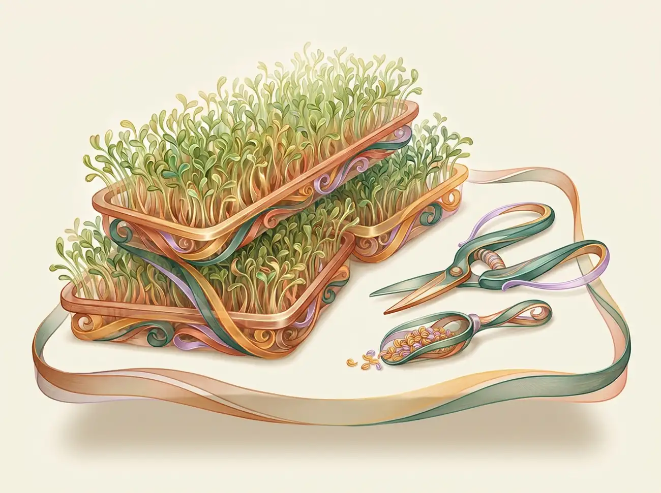 A microgreens scene sculpted from sprouting shoots: growing trays, snips, and a seed scoop