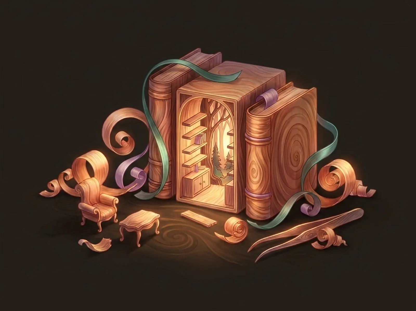 A miniatures scene sculpted from basswood: a glowing book nook between books, tiny furniture, and tweezers
