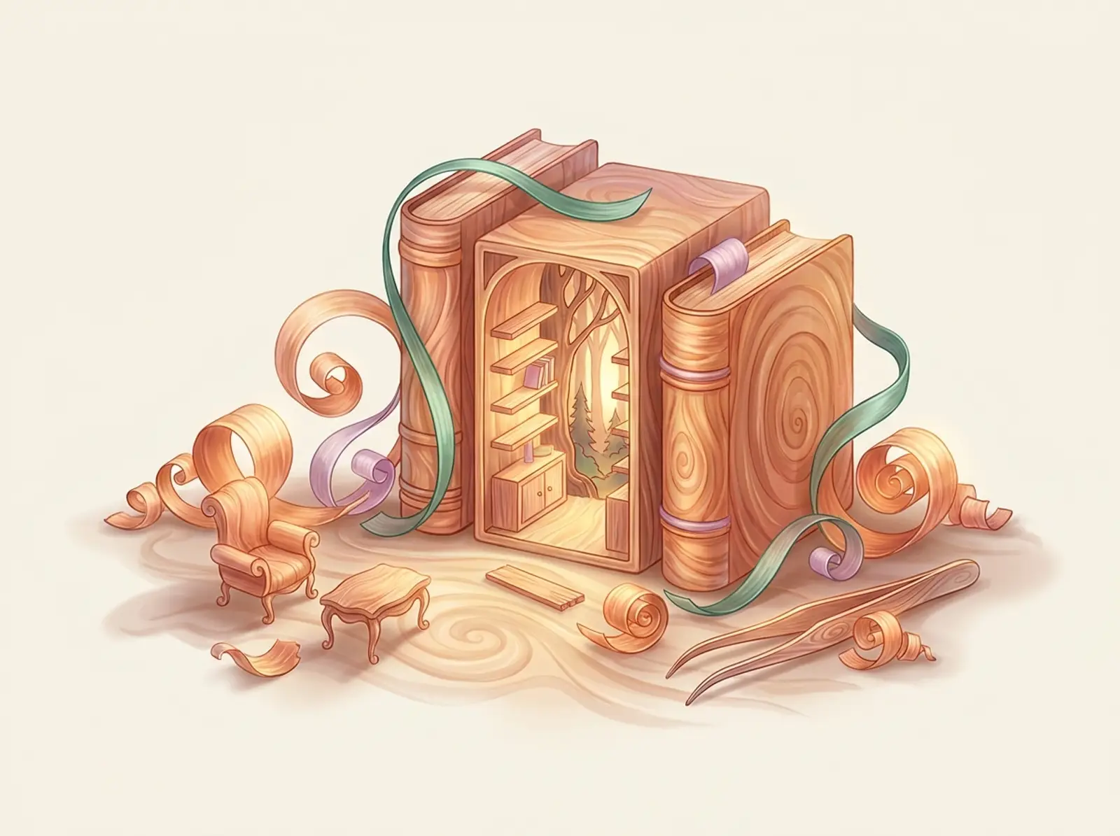 A miniatures scene sculpted from basswood: a glowing book nook between books, tiny furniture, and tweezers