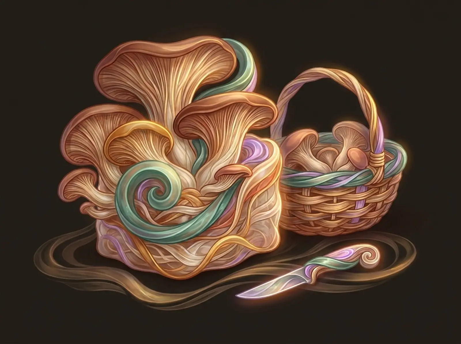 A mushroom growing scene sculpted from mycelium: an oyster cluster, a harvest basket, and a knife