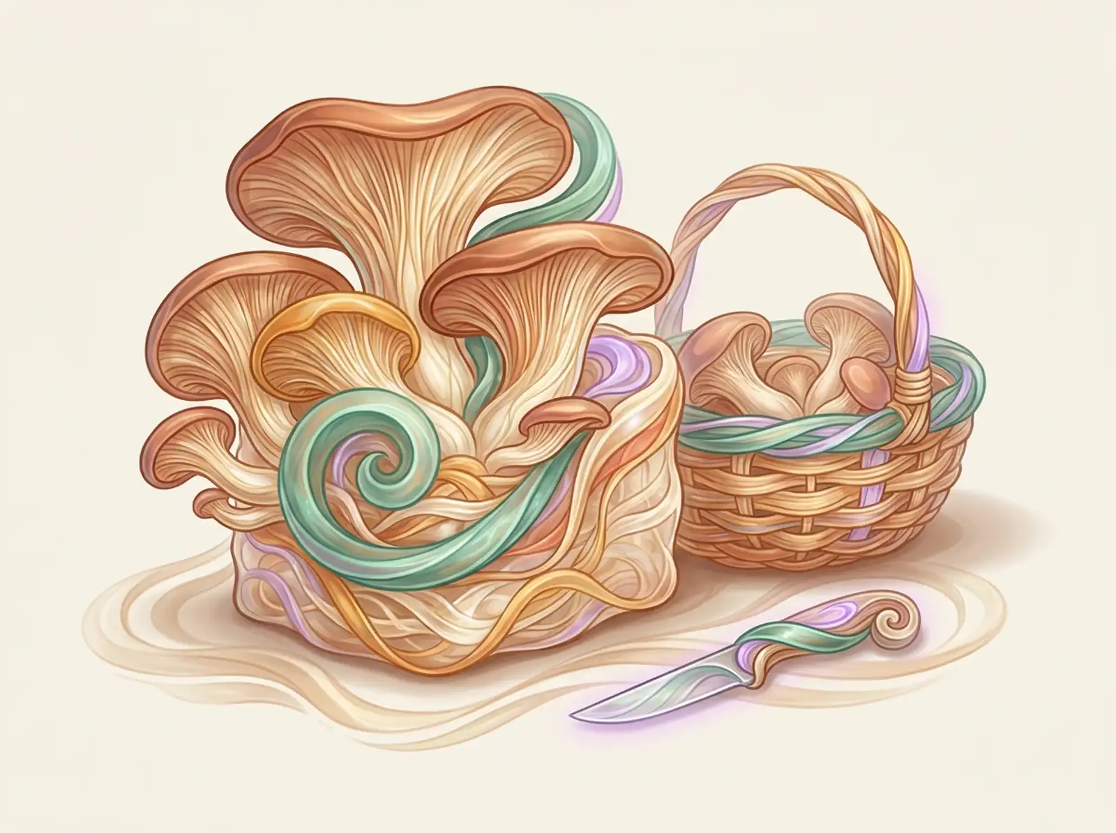 A mushroom growing scene sculpted from mycelium: an oyster cluster, a harvest basket, and a knife