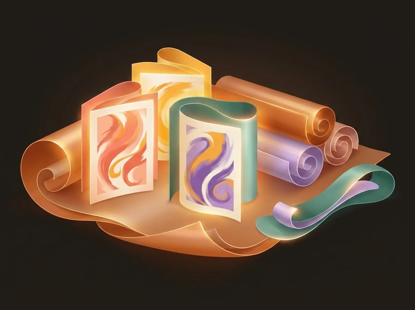 A paper goods scene sculpted from curling paper: greeting cards, rolled sheets, and a bone folder