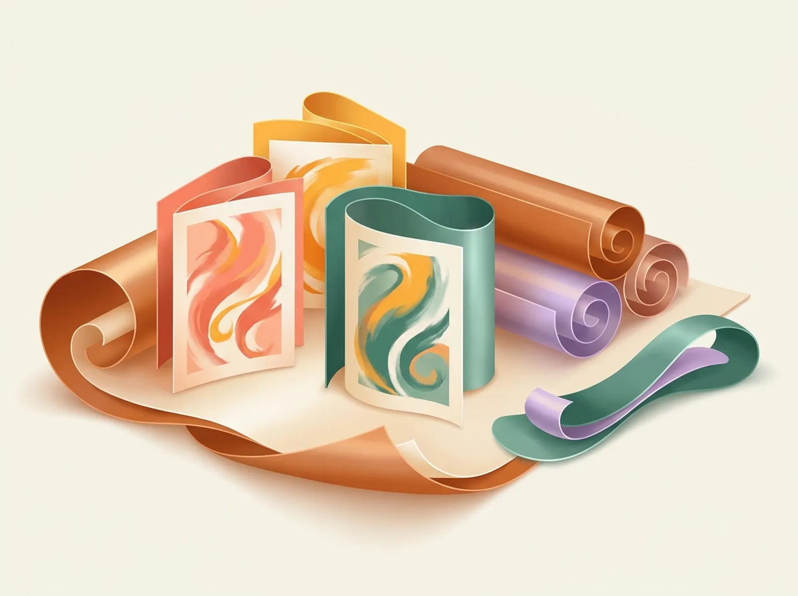 A paper goods scene sculpted from curling paper: greeting cards, rolled sheets, and a bone folder