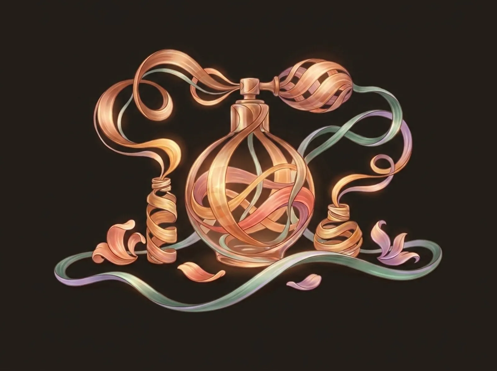 A perfumery scene sculpted from essence ribbons: an atomizer bottle, vials, and petals