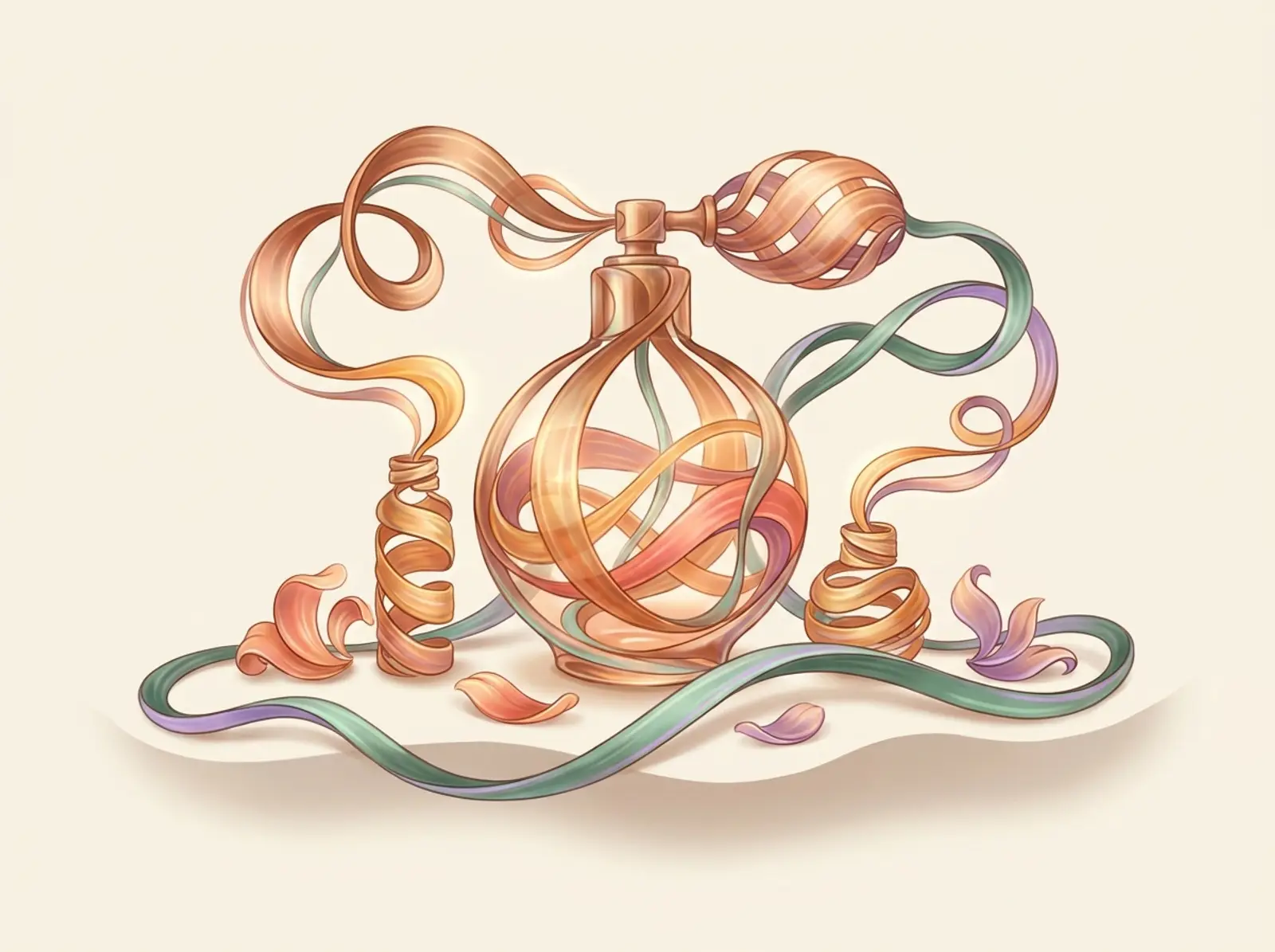 A perfumery scene sculpted from essence ribbons: an atomizer bottle, vials, and petals