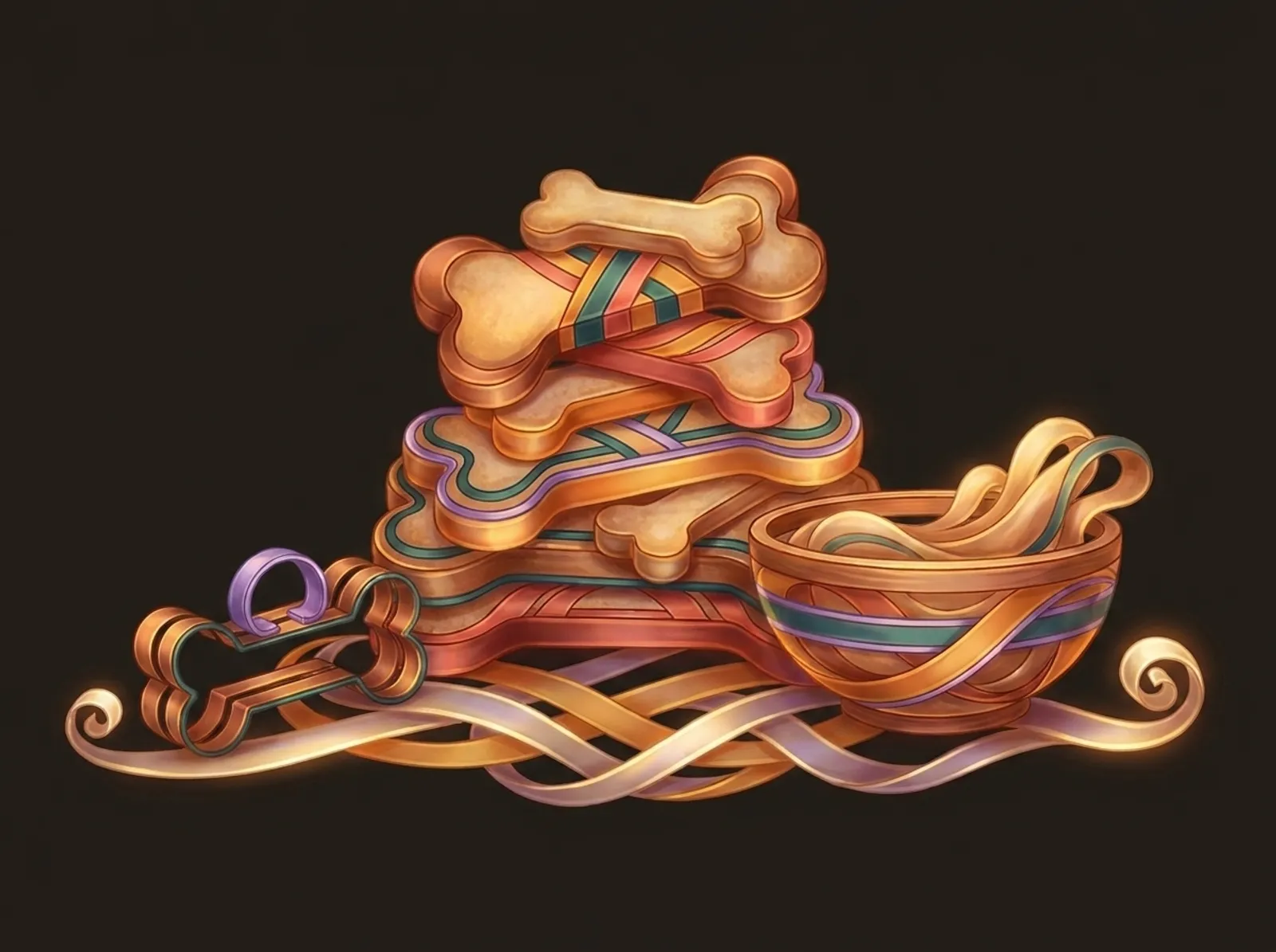A pet treat bakery sculpted from biscuit dough: bone-shaped treats, a cookie cutter, and a mixing bowl