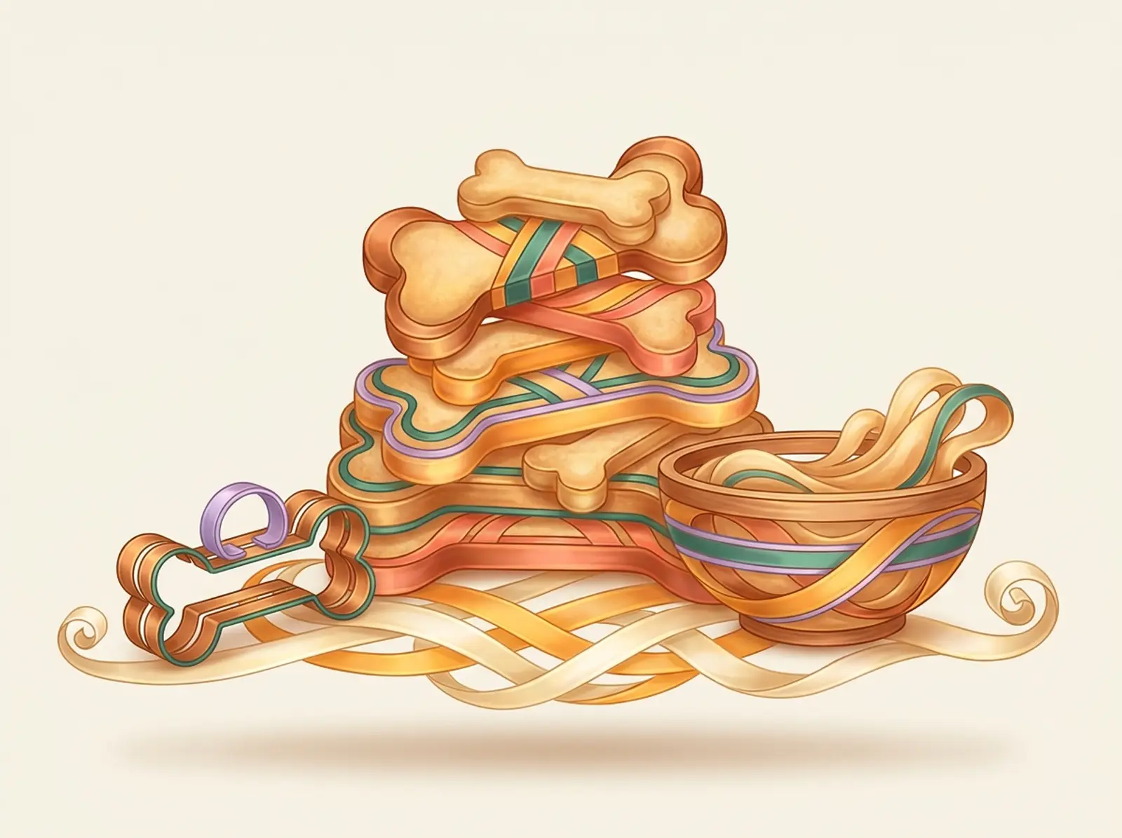 A pet treat bakery sculpted from biscuit dough: bone-shaped treats, a cookie cutter, and a mixing bowl