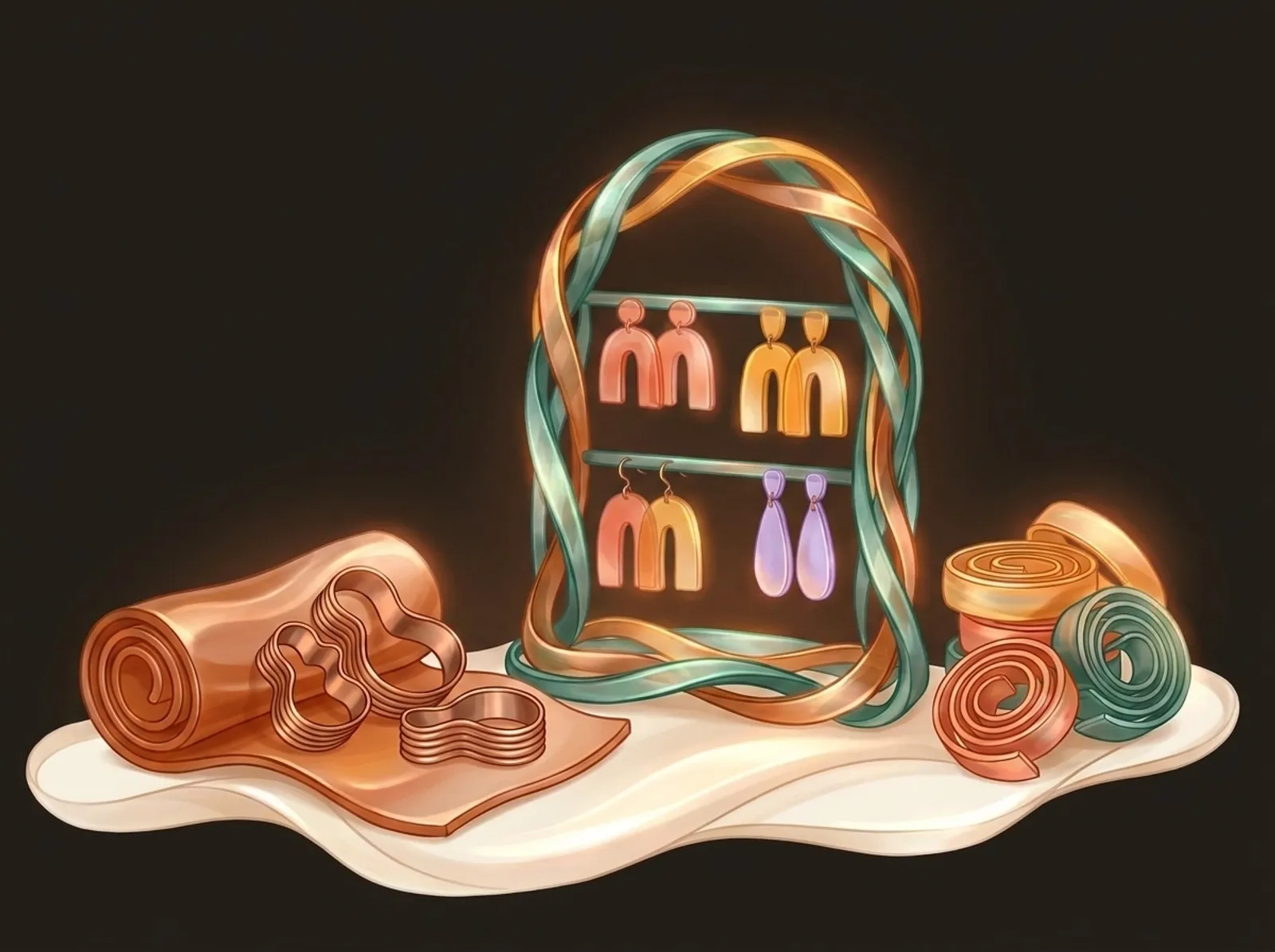 A clay earring scene sculpted from rolled slabs: earrings on a stand, a slab with cutters, and coils