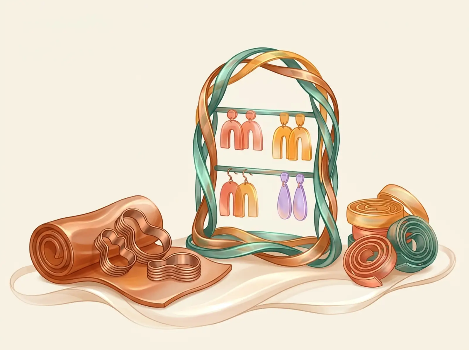 A clay earring scene sculpted from rolled slabs: earrings on a stand, a slab with cutters, and coils