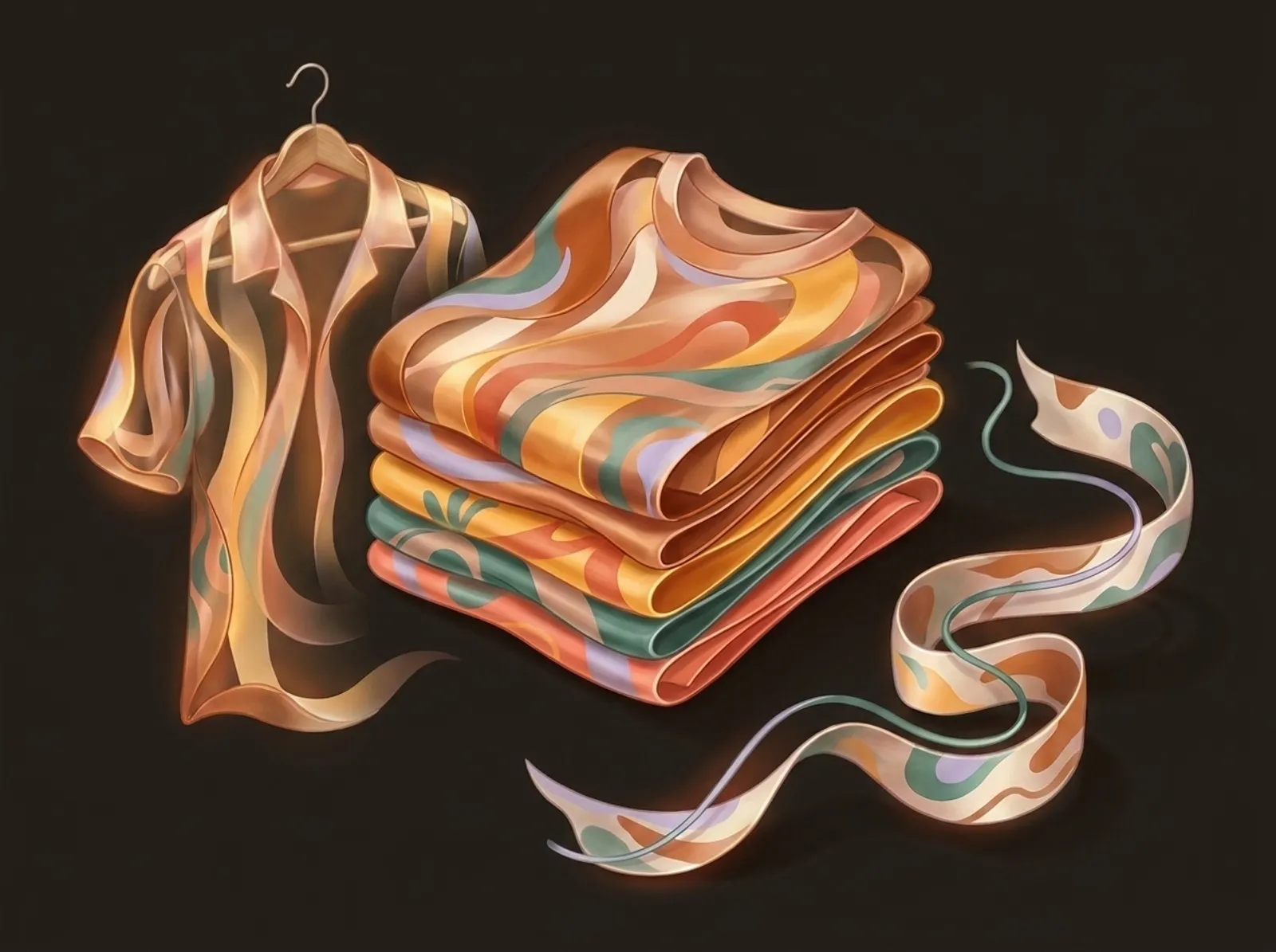 A print-on-demand scene sculpted from printed fabric: folded tees, a shirt on a hanger, and a flowing patterned ribbon