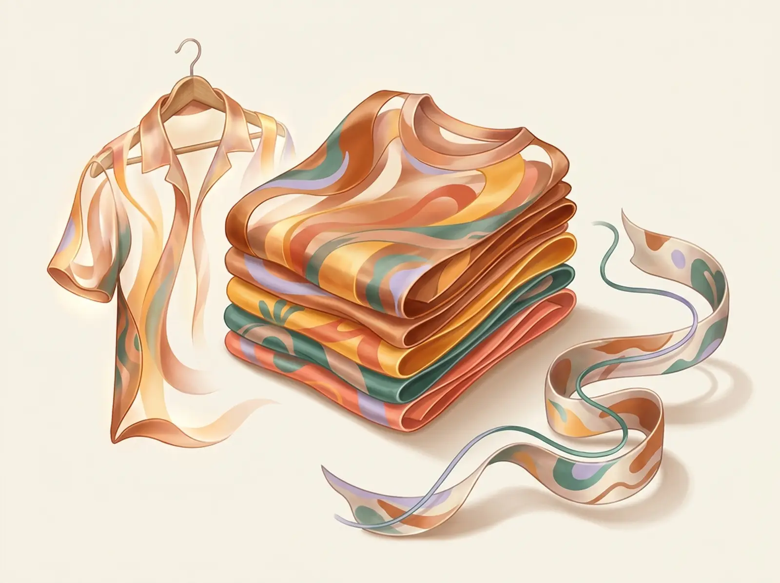 A print-on-demand scene sculpted from printed fabric: folded tees, a shirt on a hanger, and a flowing patterned ribbon