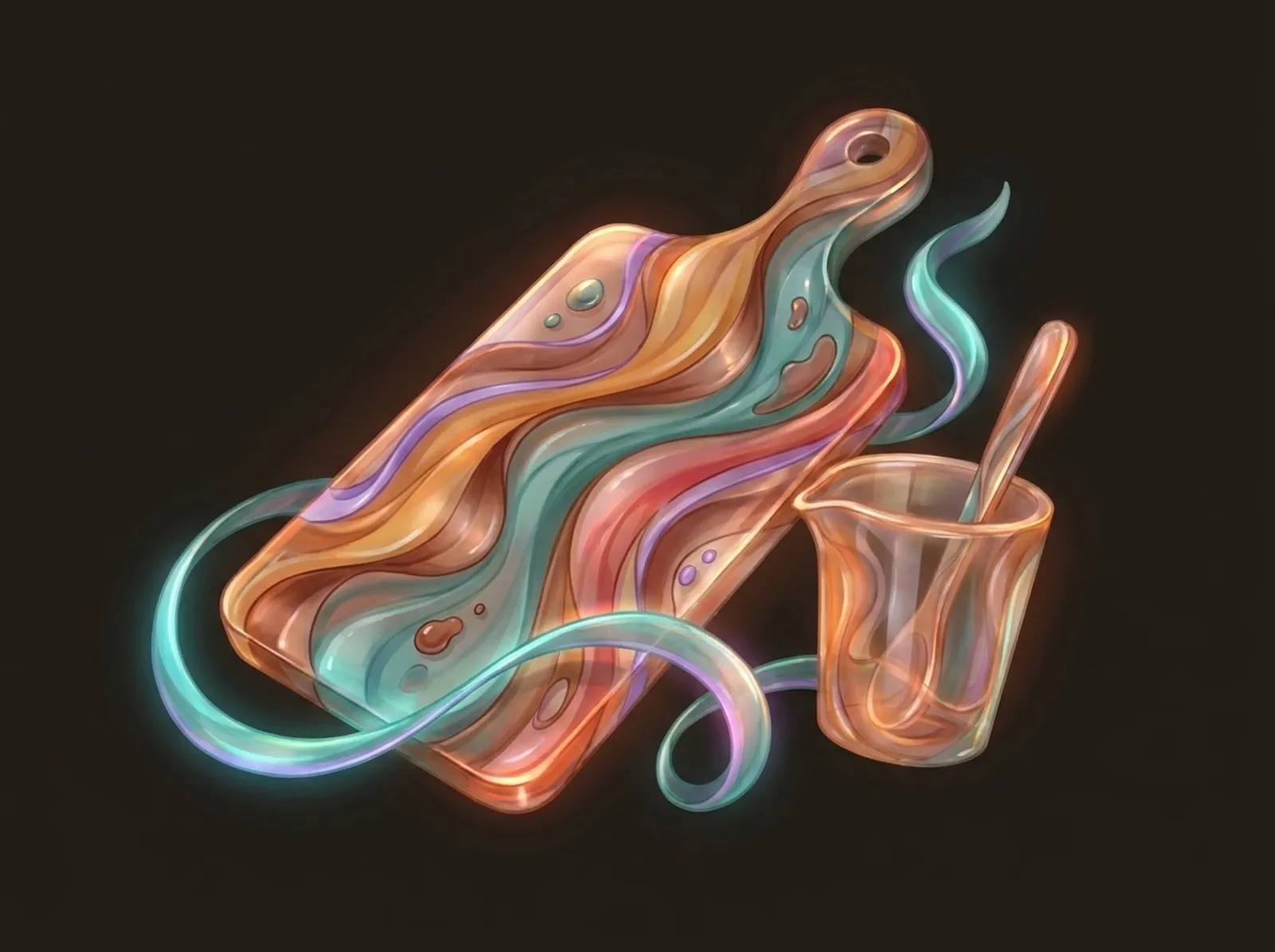 A resin art scene sculpted from poured resin: a river-effect board, a mixing cup, and pigment drops