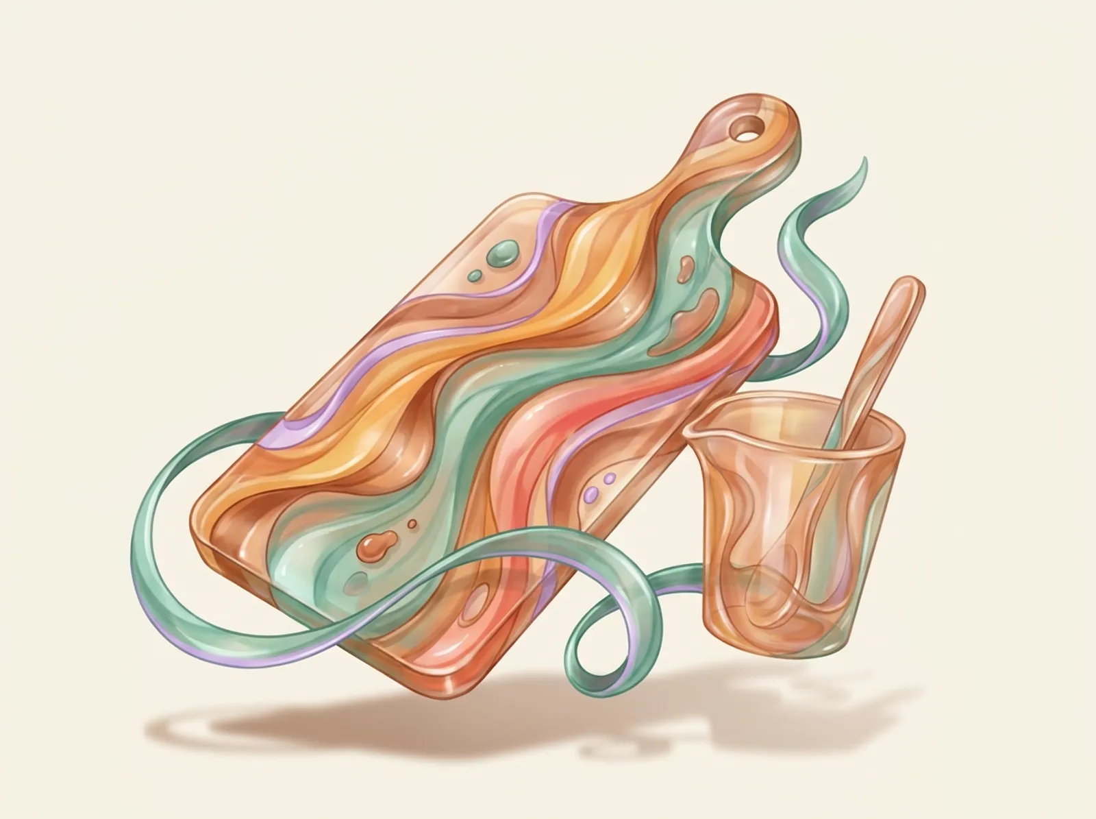 A resin art scene sculpted from poured resin: a river-effect board, a mixing cup, and pigment drops