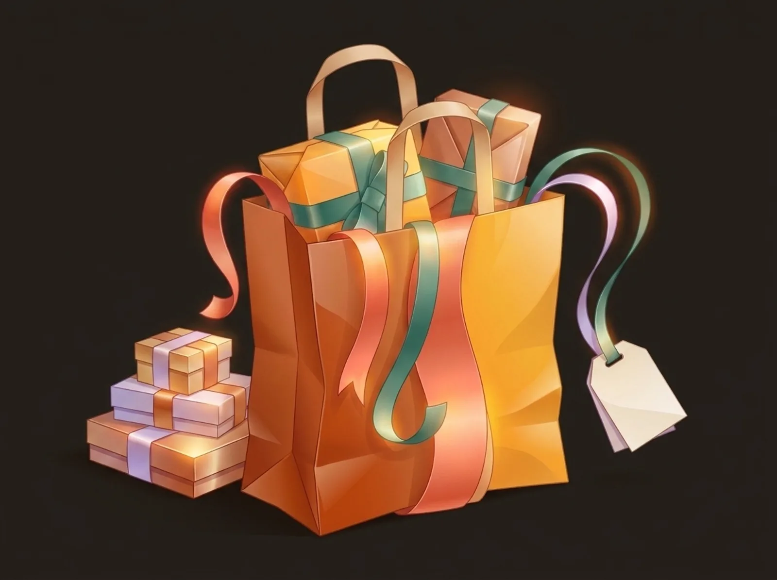 An online store's packing table sculpted from glossy paper and satin ribbon: a filled shopping bag, a stack of product boxes, and a price tag