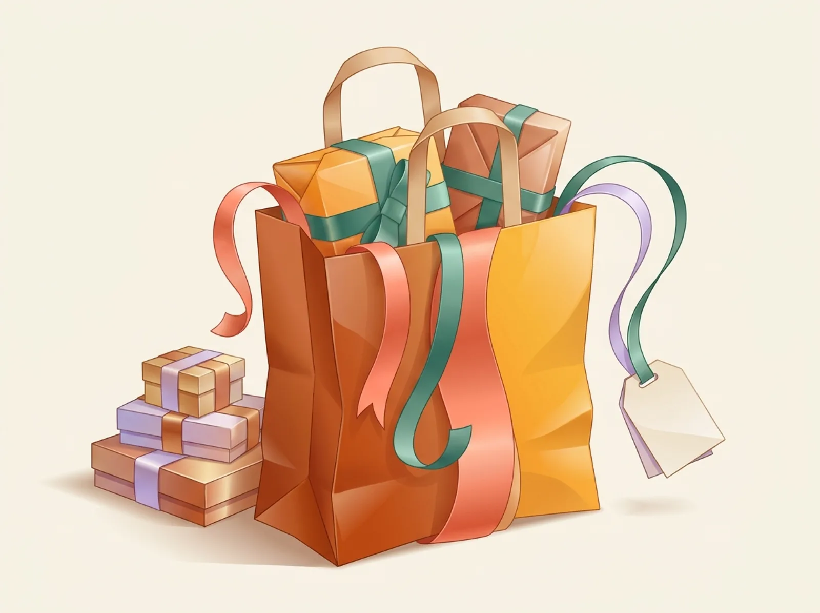 An online store's packing table sculpted from glossy paper and satin ribbon: a filled shopping bag, a stack of product boxes, and a price tag