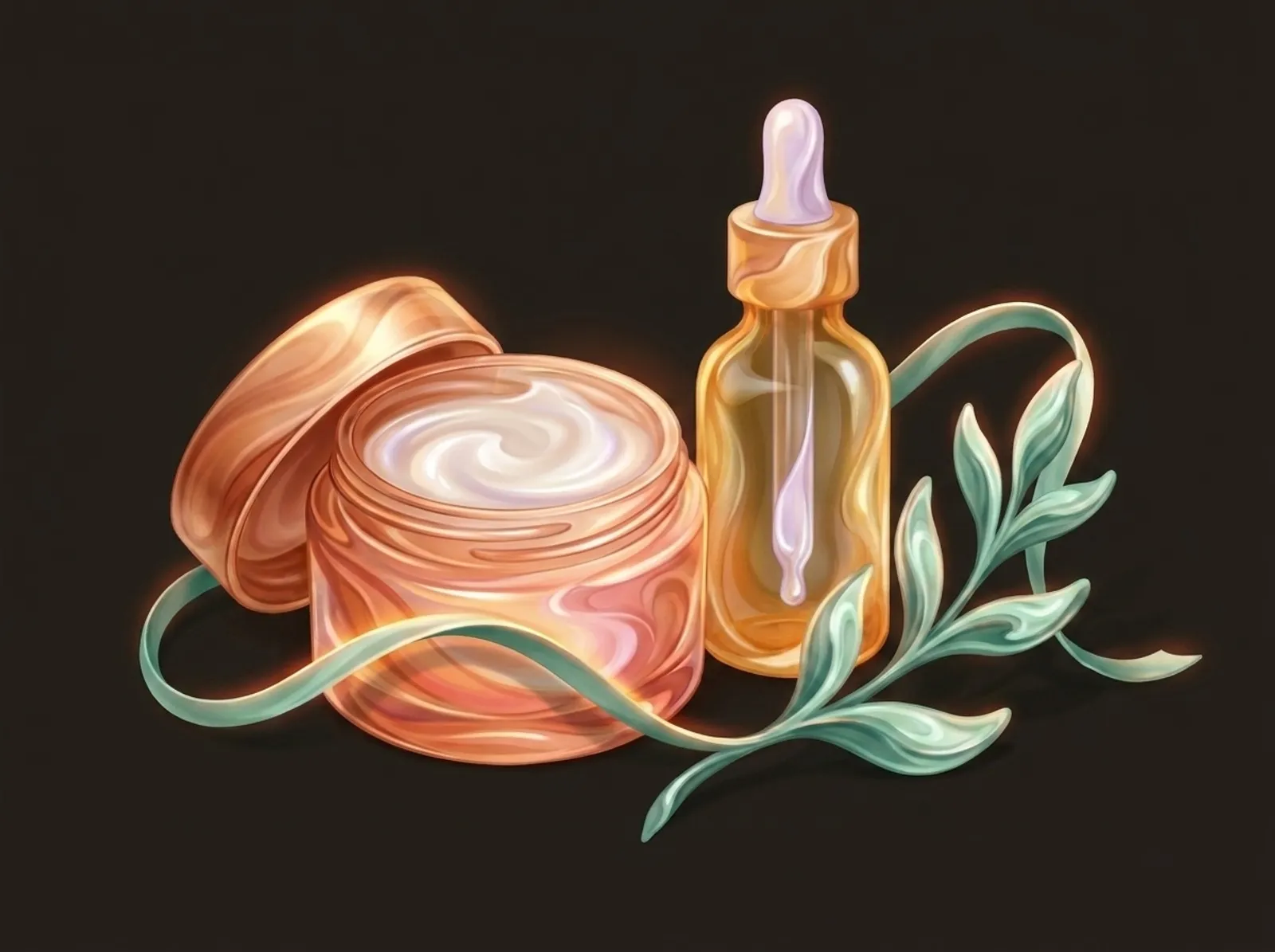 A skincare workbench sculpted from silky cream: an open cream jar, a dropper bottle, and a botanical sprig