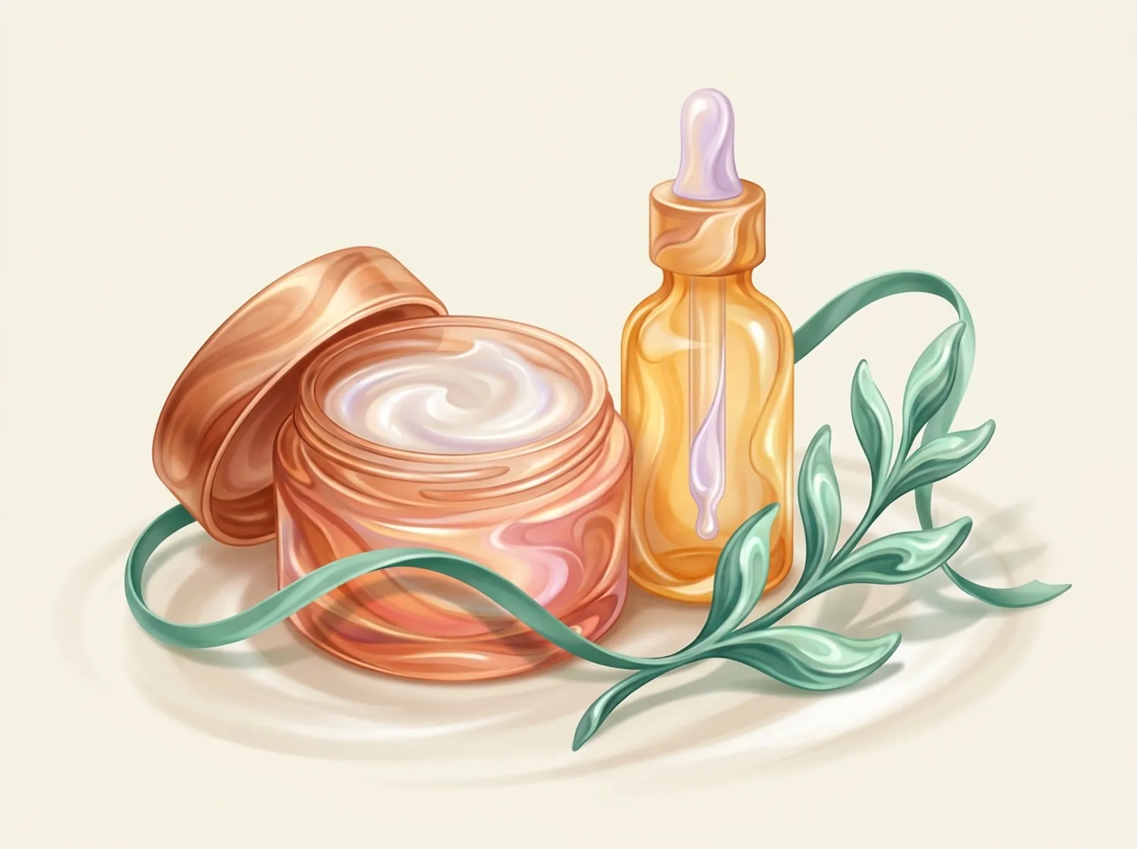 A skincare workbench sculpted from silky cream: an open cream jar, a dropper bottle, and a botanical sprig
