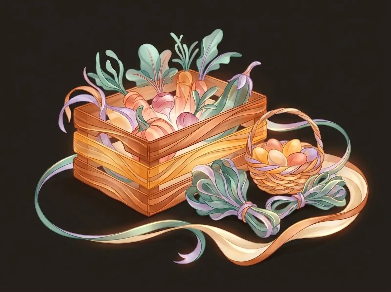 A farm stand scene sculpted from woven reeds: a produce crate, an egg basket, and bundled greens